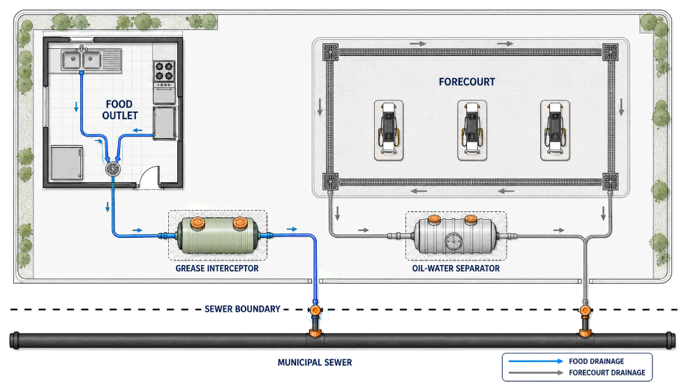 Schematic of a fuel station with separate drainage systems — kitchen grease interceptor and forecourt oil-water separator