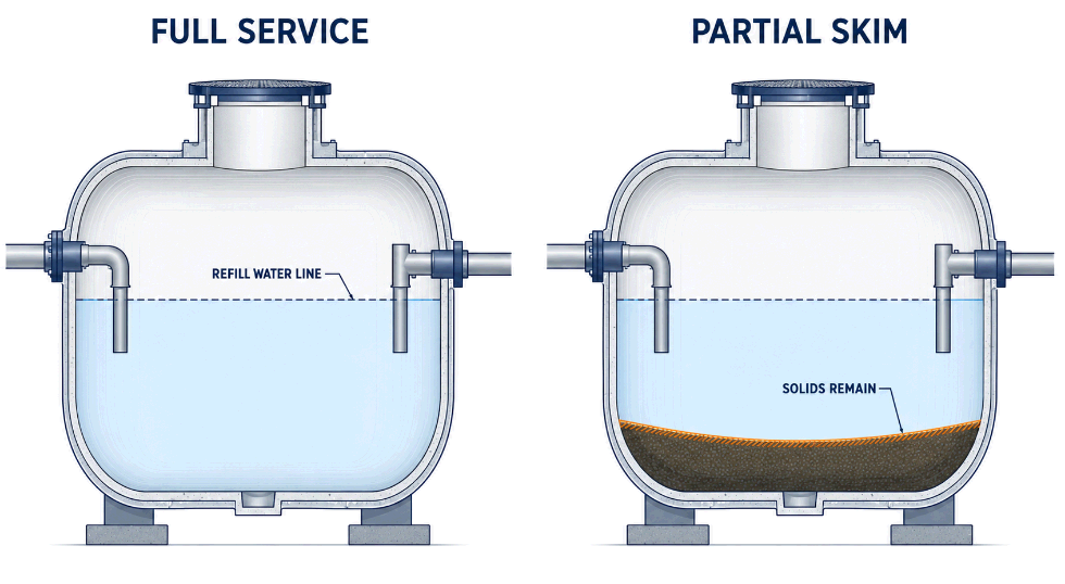 Comparison diagram of a fully evacuated grease trap versus a skimmed trap with solids blanket remaining