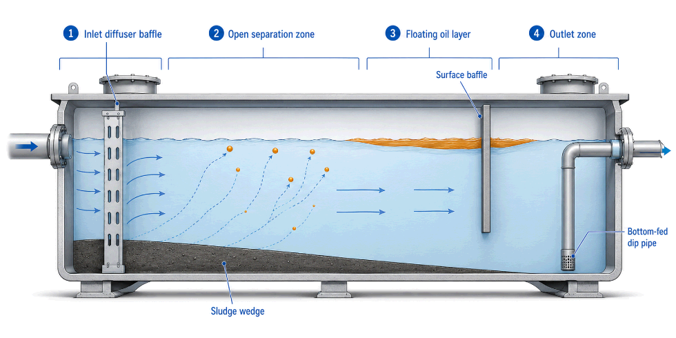 Labelled cross-section of a gravity API-style separator showing inlet stilling, separation zone, oil layer, sludge zone, and outlet