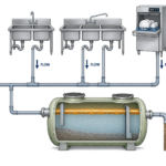 Flow diagram showing kitchen fixtures connecting to a GRP grease interceptor with flow rate values at each branch
