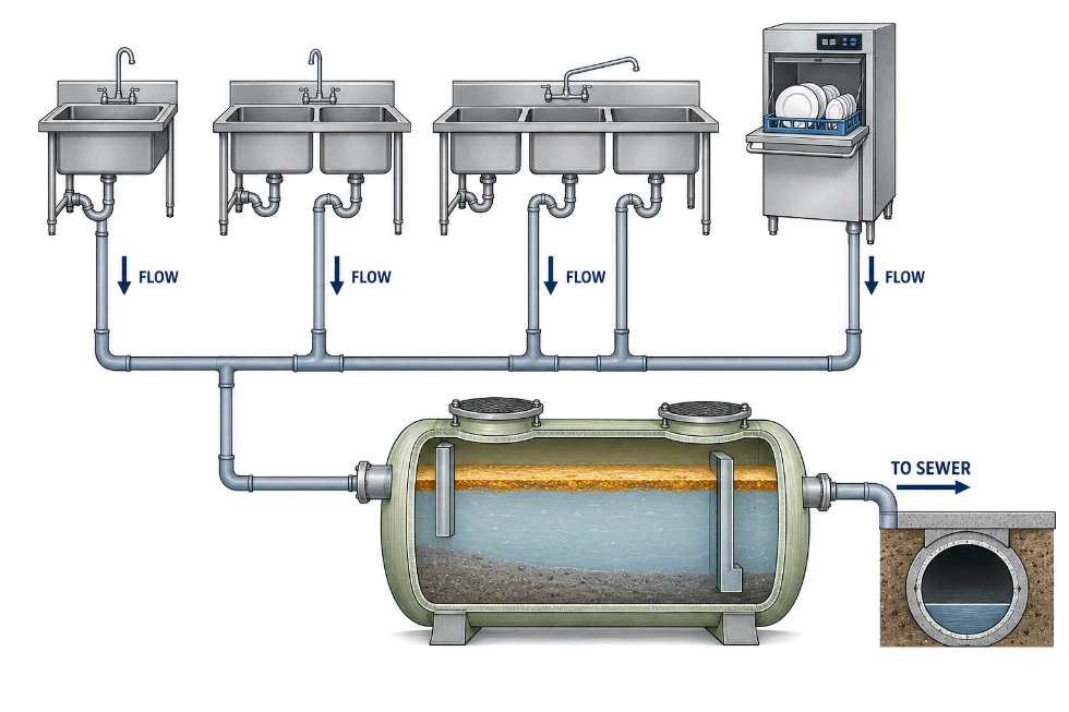 Flow diagram showing kitchen fixtures connecting to a GRP grease interceptor with flow rate values at each branch