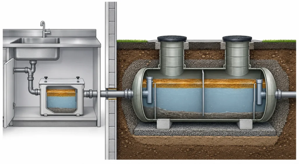 Side-by-side technical illustration comparing a small under-sink grease trap and a large buried GRP grease interceptor