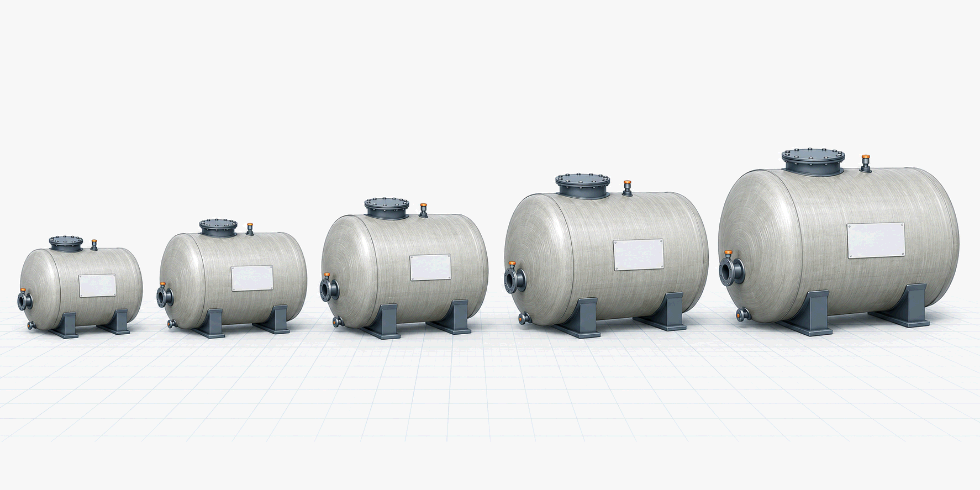 Technical illustration showing a lineup of GRP grease interceptor tanks in increasing sizes from 500 litres to 20,000 litres
