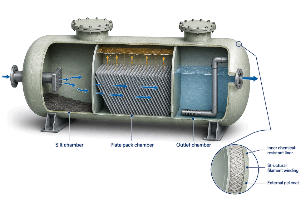 Illustration of a filament-wound GRP separator vessel showing laminate wall layers, internal chambers, and access shafts