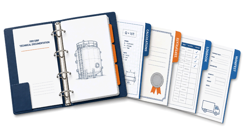 Illustration of a compliance file containing sizing calculation, test certificate, service log, and disposal manifests