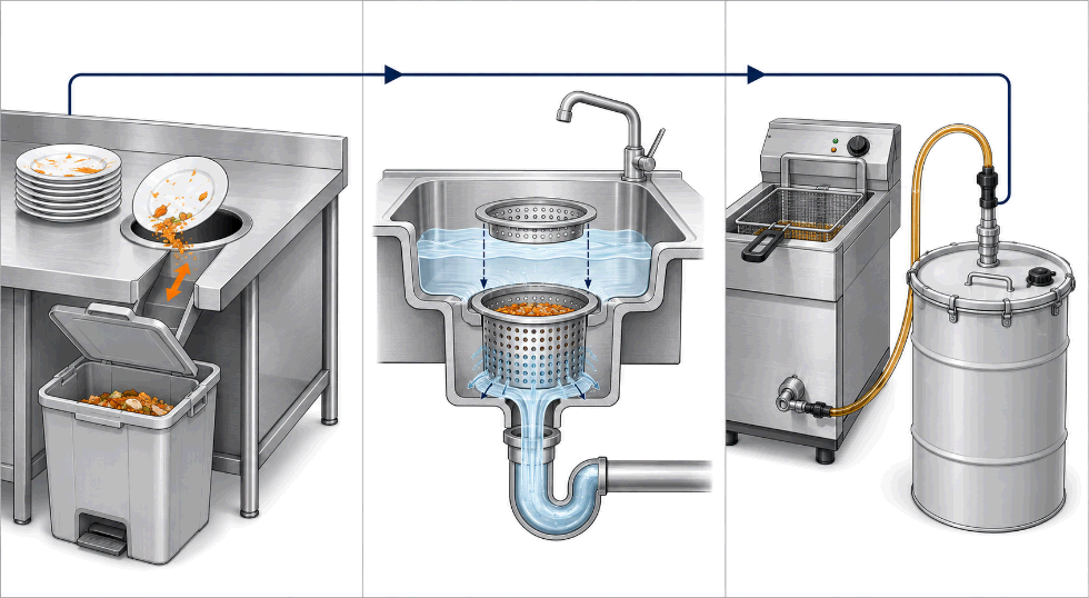 Illustration of kitchen FOG source control points — scraping station, sink strainer, and used cooking oil collection container