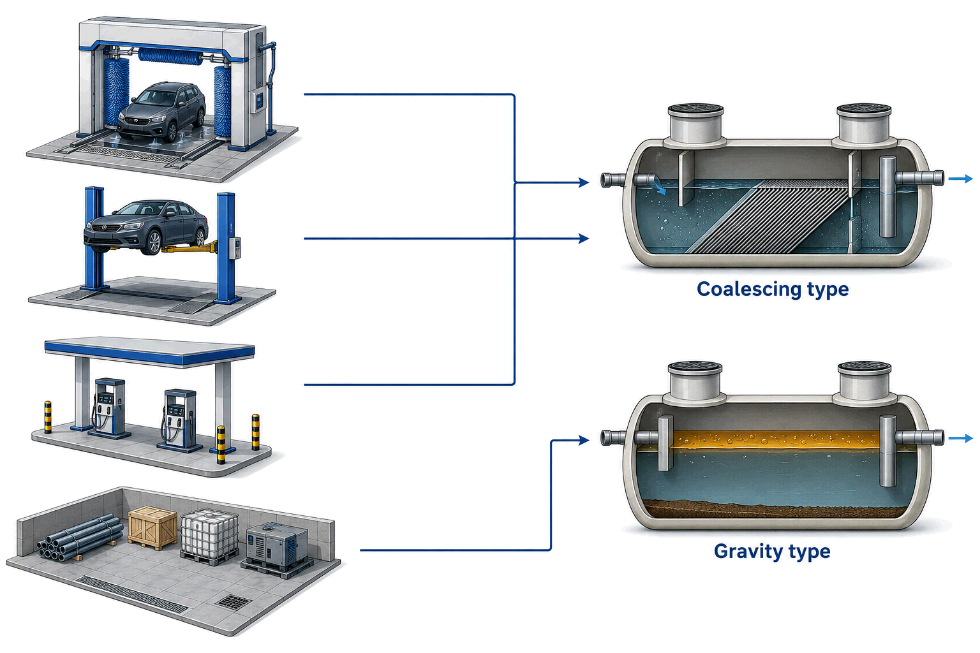 Schematic showing four facility types connected to their recommended oil-water separator configurations