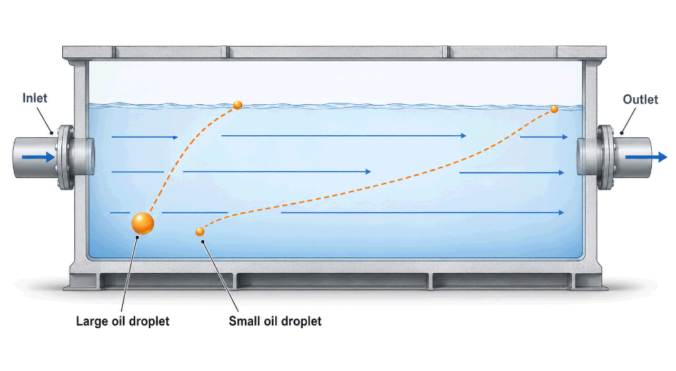 Diagram comparing rise paths of large and small oil droplets in a separator chamber under Stokes law