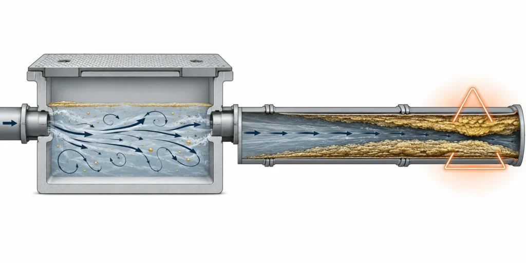 Technical diagram showing FOG carry-over from an undersized grease trap into a downstream sewer pipe with blockage buildup